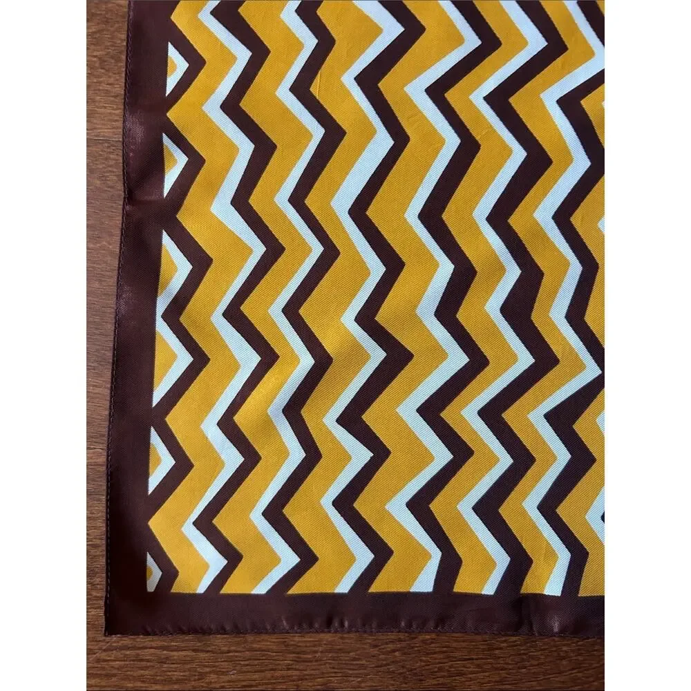 Vintage Jacques Piaget Zigzag Silky Scarf in Yellow, Brown & White